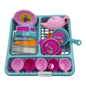 PLUSPOINT Tea Set with Basket Kids Kitchen Pretend Play Accessory Toy Set Tableware Tea Playset for Kids with Organiser Tray, Dishes, Pots, Pans and Cooking Utensils for Boys & Girls (Tea Pot Tray)