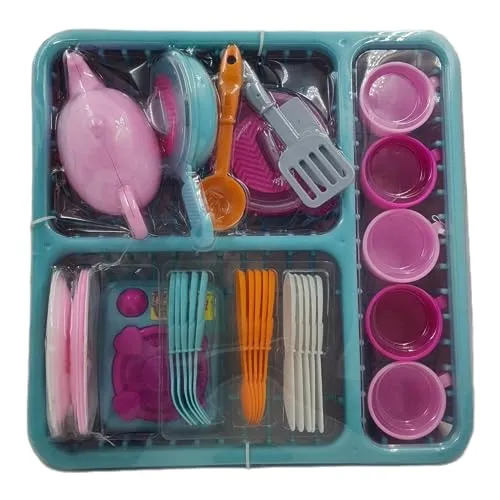 PLUSPOINT Tea Set with Basket Kids Kitchen Pretend Play Accessory Toy Set Tableware Tea Playset for Kids with Organiser Tray, Dishes, Pots, Pans and Cooking Utensils for Boys & Girls (Tea Pot Tray)