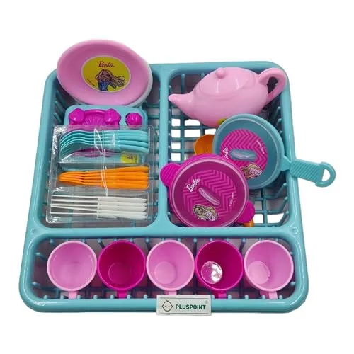 PLUSPOINT Tea Set with Basket Kids Kitchen Pretend Play Accessory Toy Set Tableware Tea Playset for Kids with Organiser Tray, Dishes, Pots, Pans and Cooking Utensils for Boys & Girls (Tea Pot Tray)