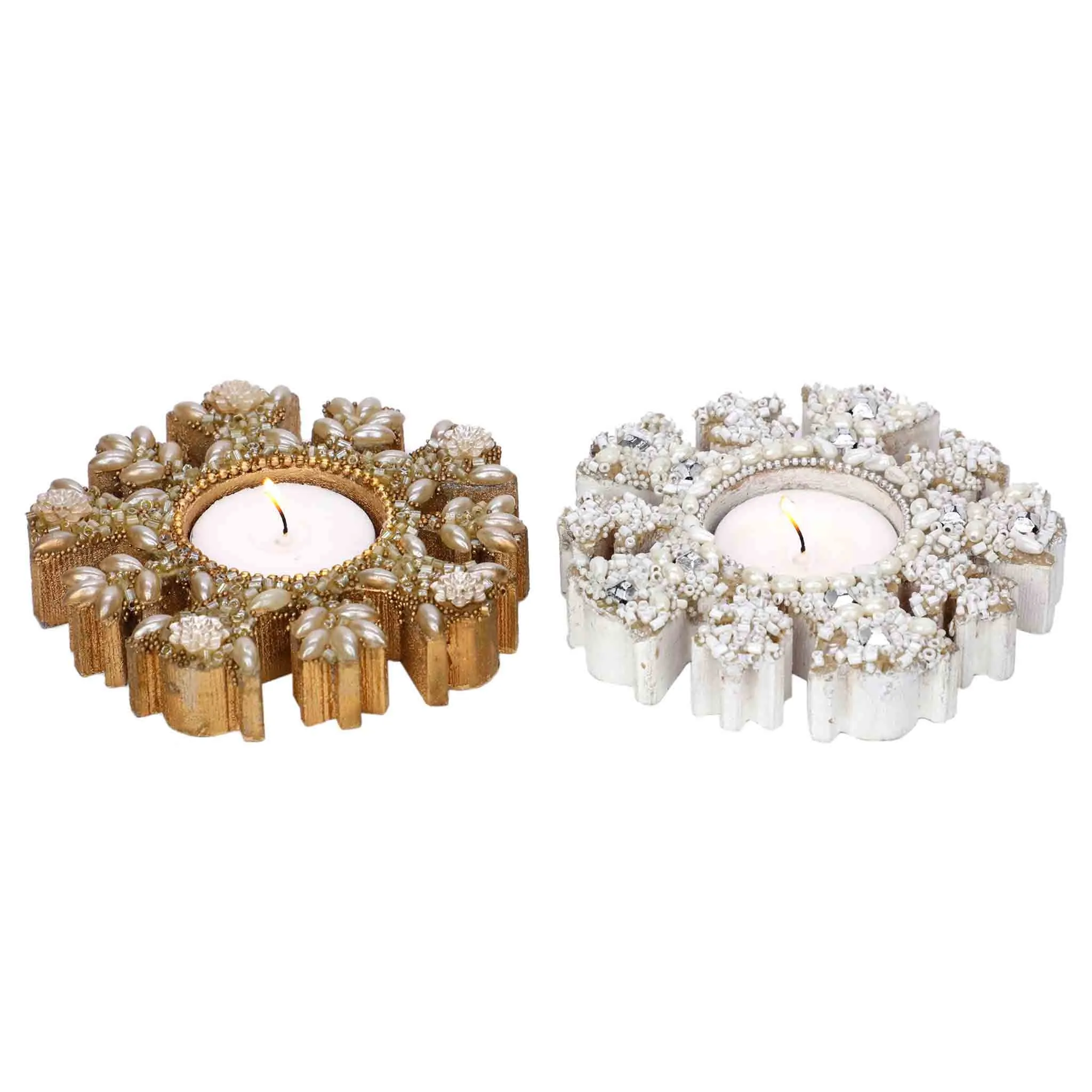 Snowdrift Tea Light Candle Holder in Gold & White, Set of 2