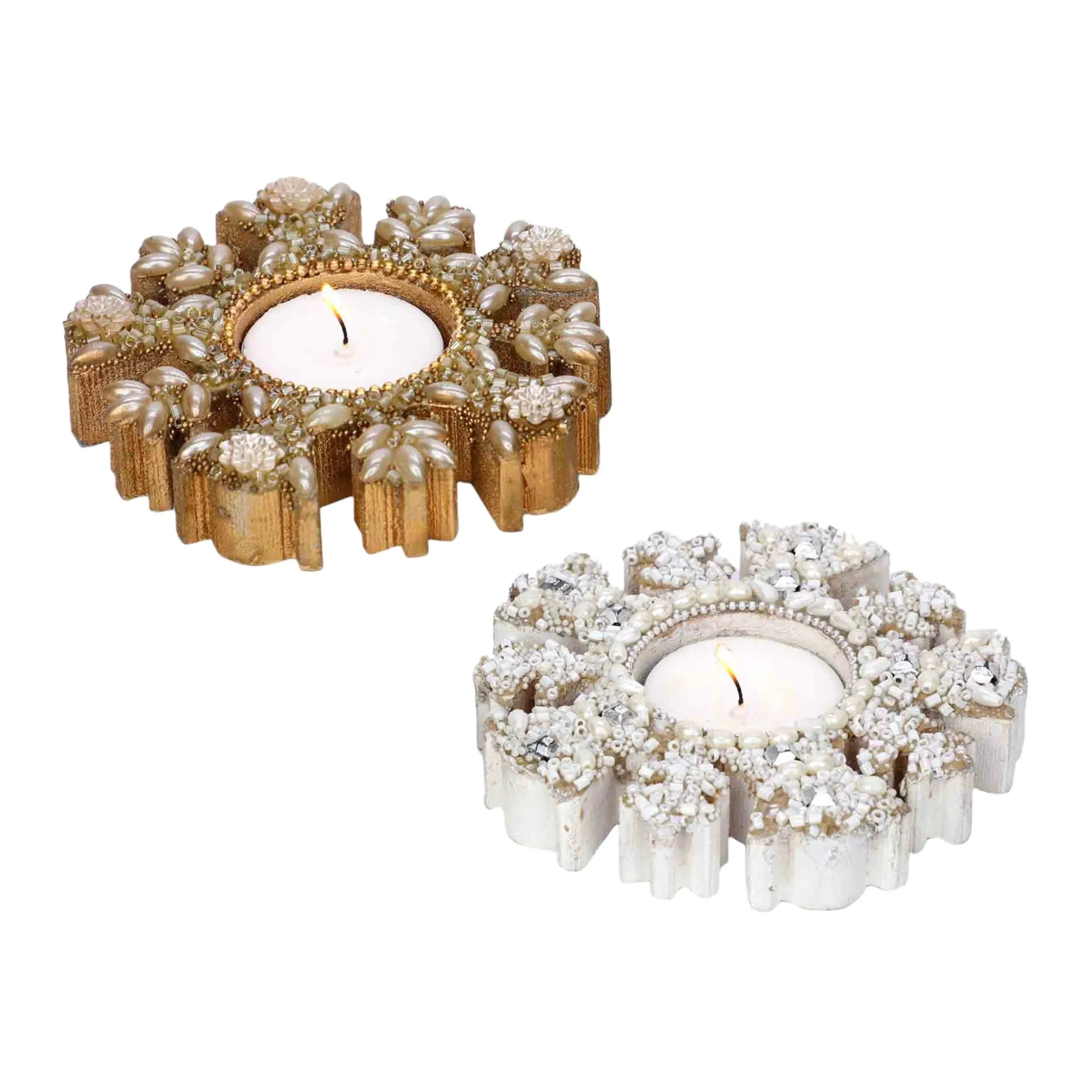 Snowdrift Tea Light Candle Holder in Gold & White, Set of 2