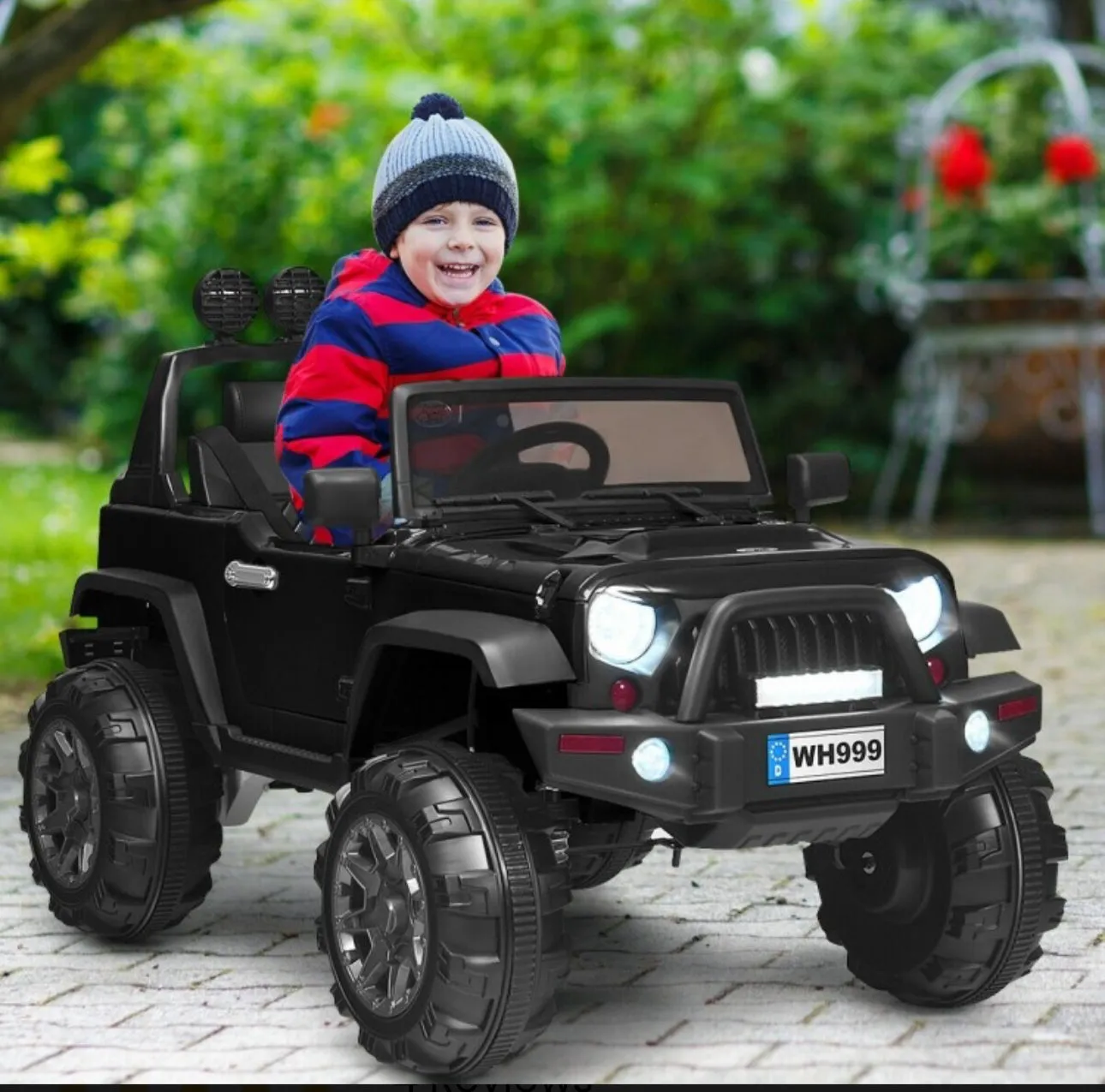 Super Cool Jeep Style 12V Electric Kids Ride On Car 1 Seater | LED Lights | Horn | Open Doors | Transport Handle | Slow Safety Start | Suspension | Remote