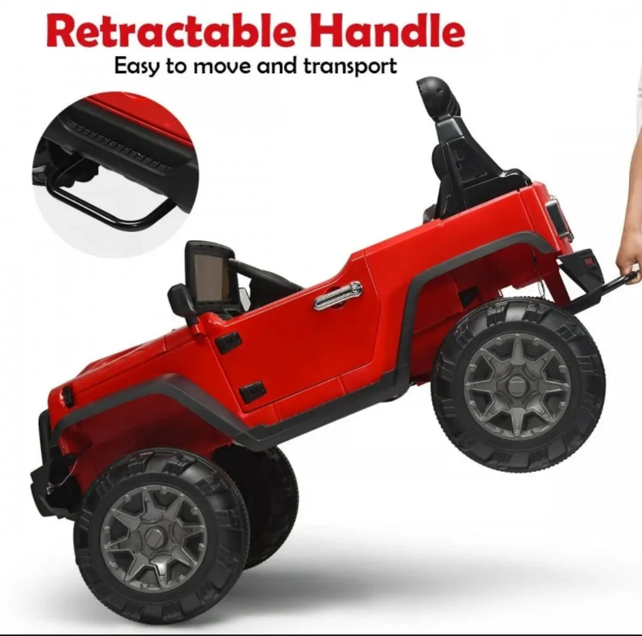 Super Cool Jeep Style 12V Electric Kids Ride On Car 1 Seater | LED Lights | Horn | Open Doors | Transport Handle | Slow Safety Start | Suspension | Remote