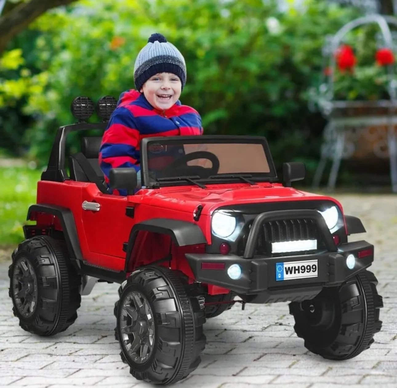 Super Cool Jeep Style 12V Electric Kids Ride On Car 1 Seater | LED Lights | Horn | Open Doors | Transport Handle | Slow Safety Start | Suspension | Remote