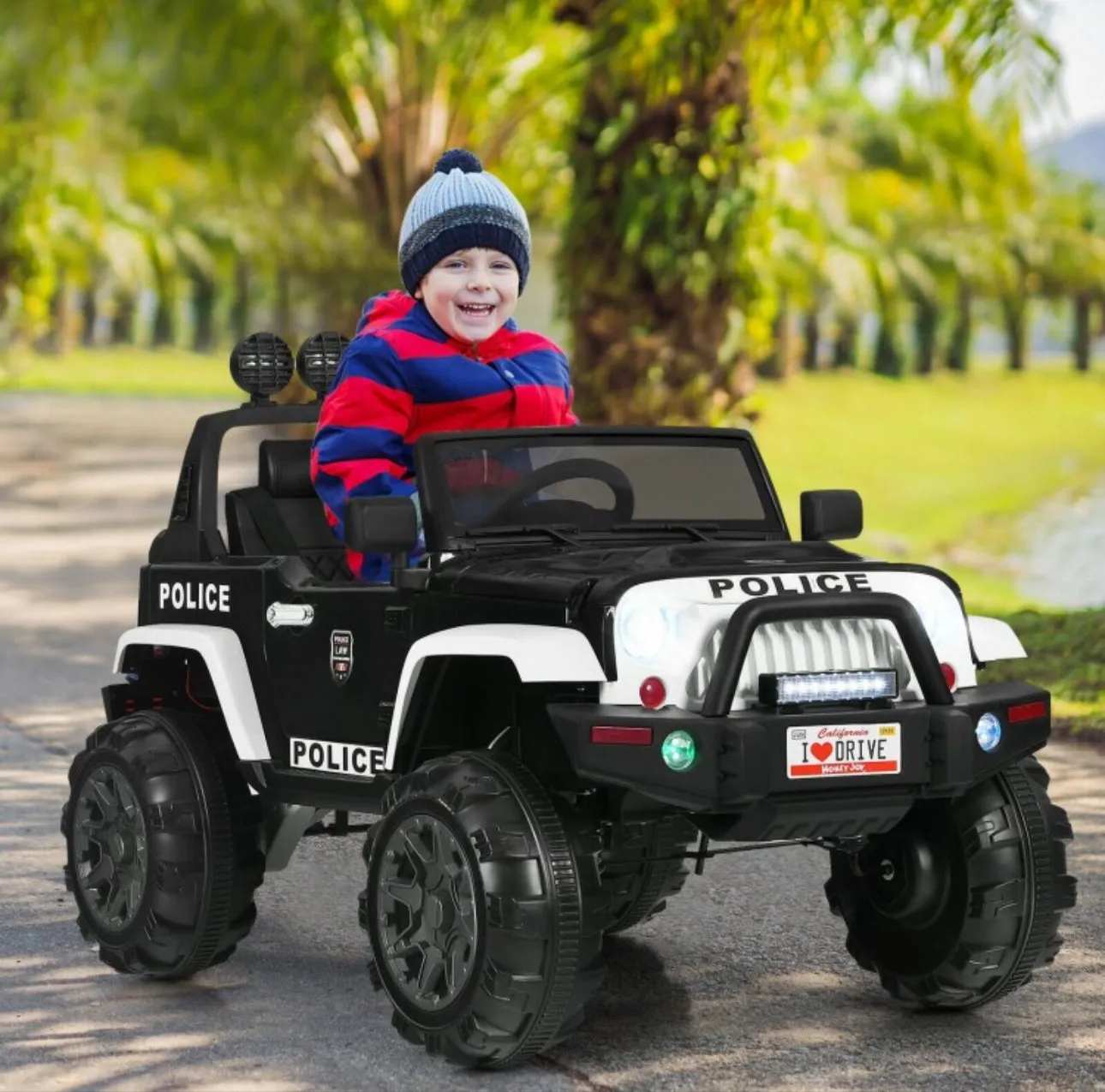 Super Cool Jeep Style 12V Electric Kids Ride On Car 1 Seater | LED Lights | Horn | Open Doors | Transport Handle | Slow Safety Start | Suspension | Remote