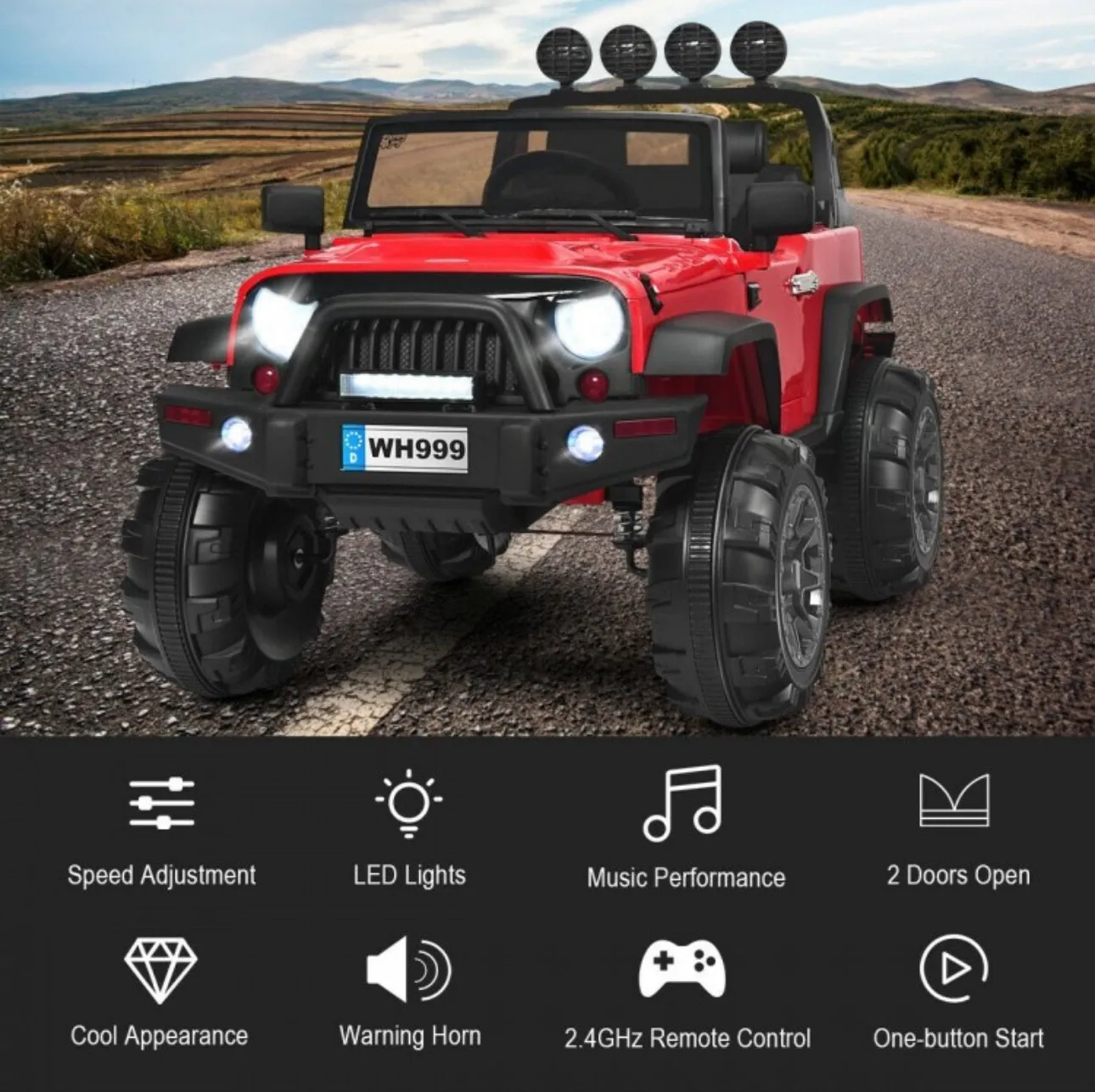 Super Cool Jeep Style 12V Electric Kids Ride On Car 1 Seater | LED Lights | Horn | Open Doors | Transport Handle | Slow Safety Start | Suspension | Remote