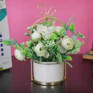 TIED RIBBONS Artificial Rose Flowers with Pot and Stand (20.3 cm x 10.1 cm, White) Home Decor Items for Living Room Table Kitchen Bedroom Office Centerpiece Gift Set