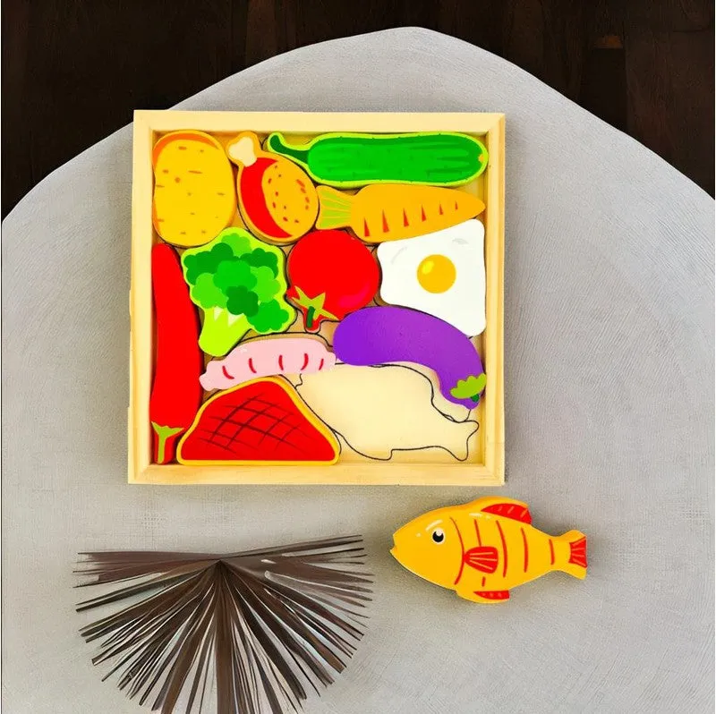 Vegetable Puzzle - Wooden Square Tray With Vegetable Blocks