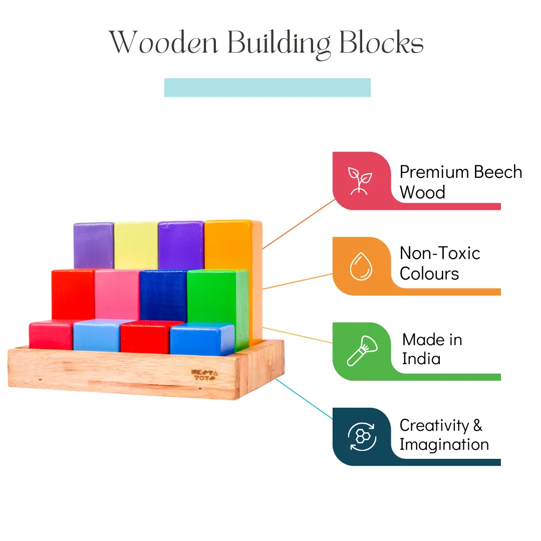 Wooden Building Blocks with Tray | Stacking Rainbow Toy (12 Pcs)